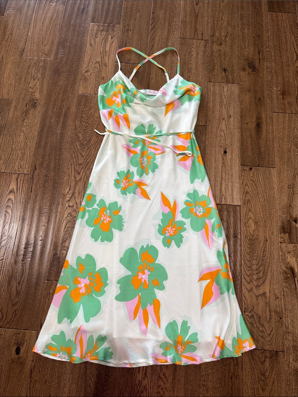 Pink Lily Floral Slip Dress with Green & Orange Print Sz M